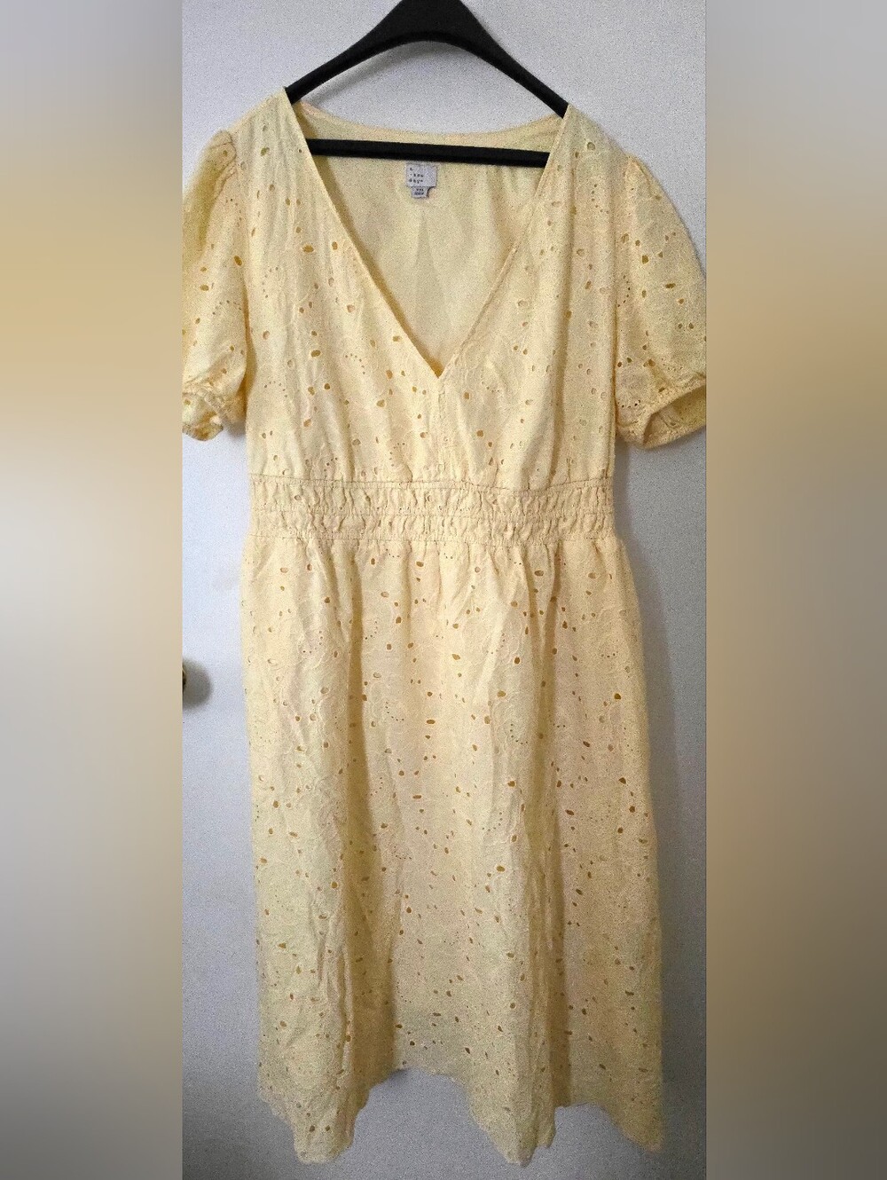 A New Day Yellow Solid Eyelet V-Neck Puff Sleeve Smocked Midi A-Line Dress XXL